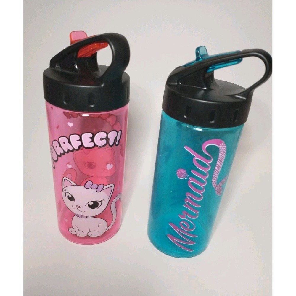 Cool Gear Lot 2 BPA-Free Pink Kitty Blue Mermaid Plastic 16oz Water Bottle